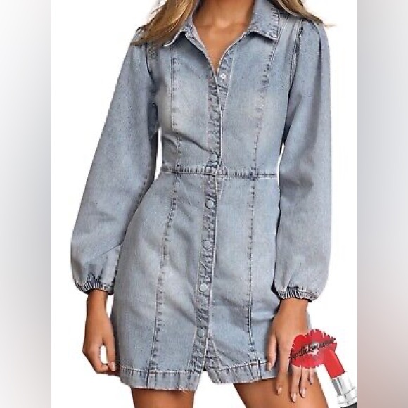 Free People Dresses & Skirts - Free People Mia Long Puff Sleeved Light Wash Denim Mini Dress - Size Small